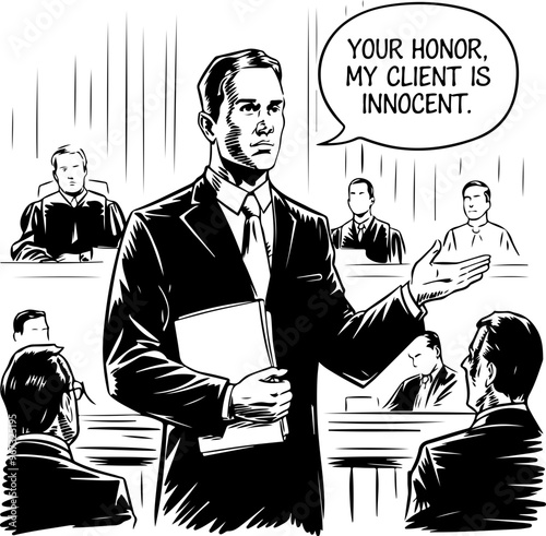 Courtroom Scene with Lawyer Defending Client
