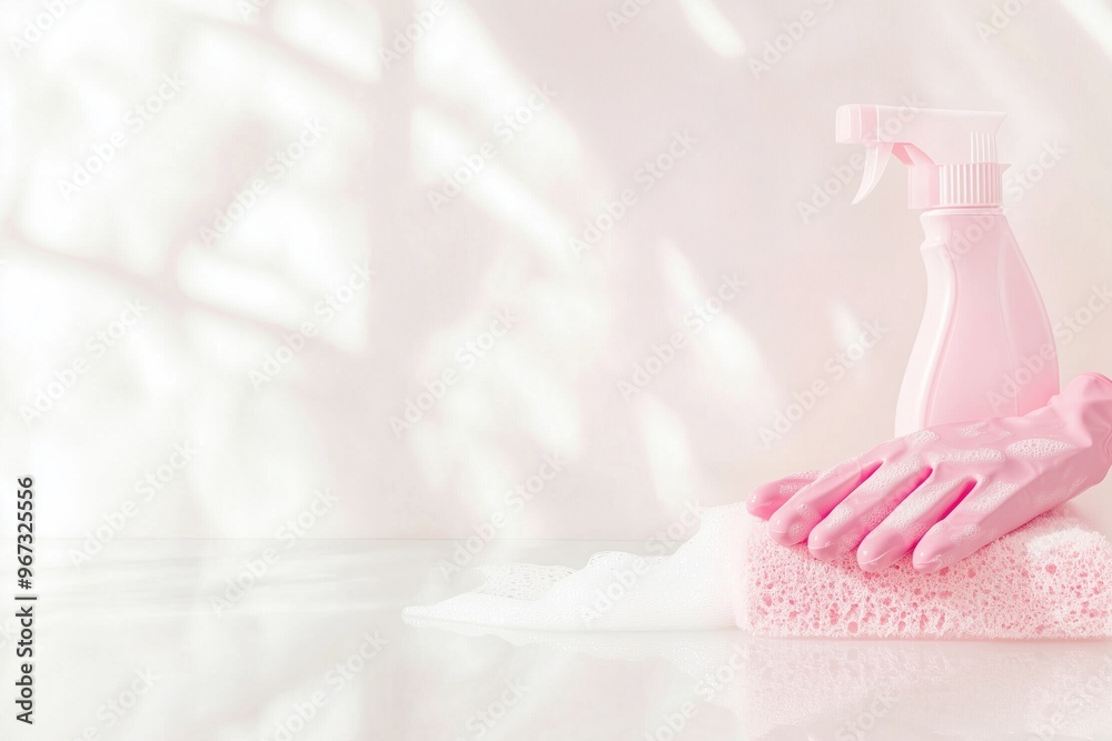 Spray cleaner, sponge and pink rubber gloves for cleaning, on glass, light filled interiors. Futuristic with light reflection. Banner for cleaning company and copy space. Spray cleaner, sponge and pink rubber gloves for cleaning, on glass, light filled interiors. Futuristic with light reflection. Banner for cleaning company and copy space.