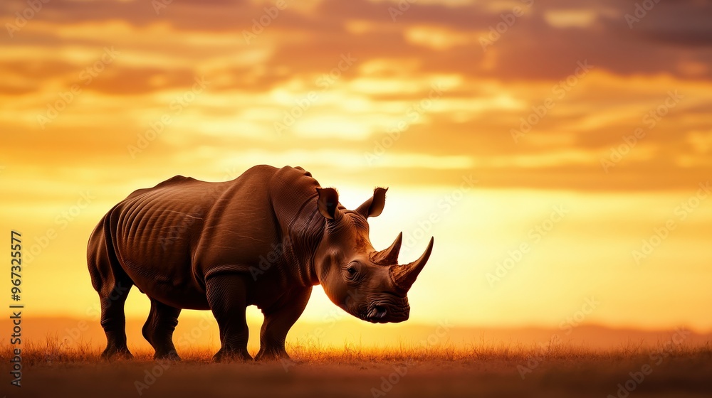 Fototapeta premium A rhino is standing in a field with the sun setting in the background. The scene is serene and peaceful, with the rhino being the main focus of the image