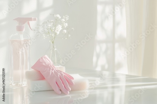 Spray cleaner, sponge and pink rubber gloves for cleaning, on glass, light filled interiors. Futuristic with light reflection. Banner for cleaning company and copy space.