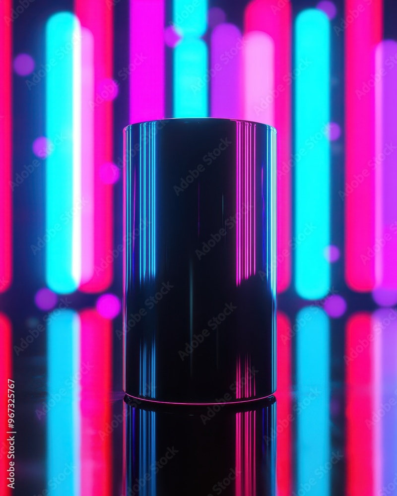 A sleek black cylinder container illuminated by vibrant neon pink and blue lights in a futuristic setting. A sleek black cylinder container illuminated by vibrant neon pink and blue lights in a futuristic setting.