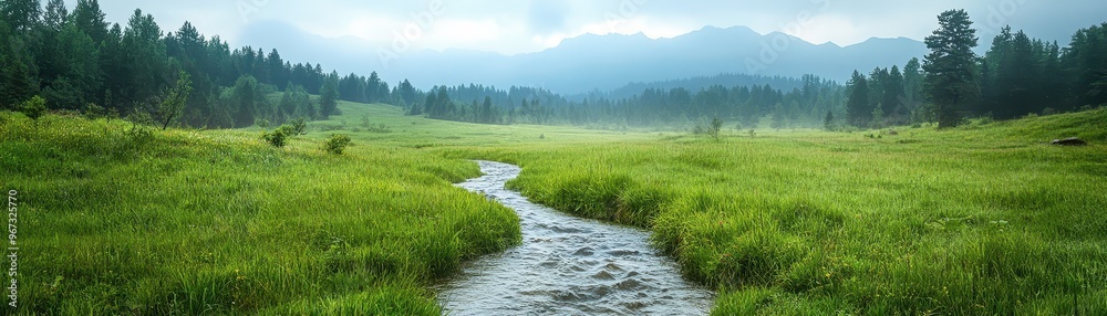 Heavy rain, small rivulet flowing through landscape, Rich jewel tones, Humorous, Timeless Adventure Heavy rain, small rivulet flowing through landscape, Rich jewel tones, Humorous, Timeless Adventure