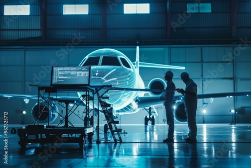 A sleek, modern airplane in a dimly lit hangar with silhouettes of two people inspecting it, suggesting advanced technological maintenance.