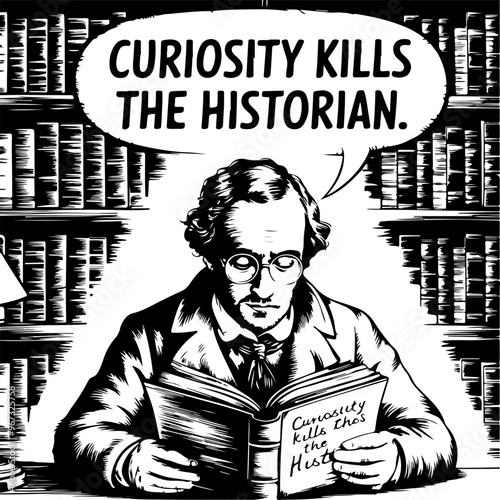 Historian Reading with Books and Quotes in Background