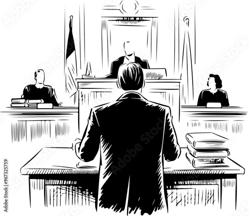 Courtroom Scene: Witness Testifying Before Judges