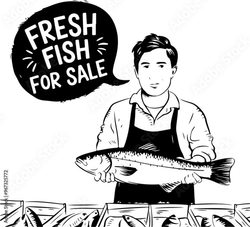 Illustration of a Fish Seller with Fresh Fish for Sale