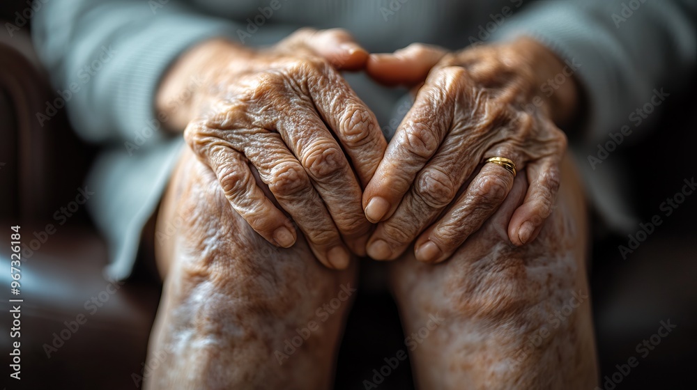 Fototapeta premium Close-up of aged hands resting on knees, showcasing the beauty of seniority, wisdom, and the passage of time.