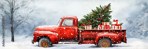 Red Pick Up Truck with Christmas Tree