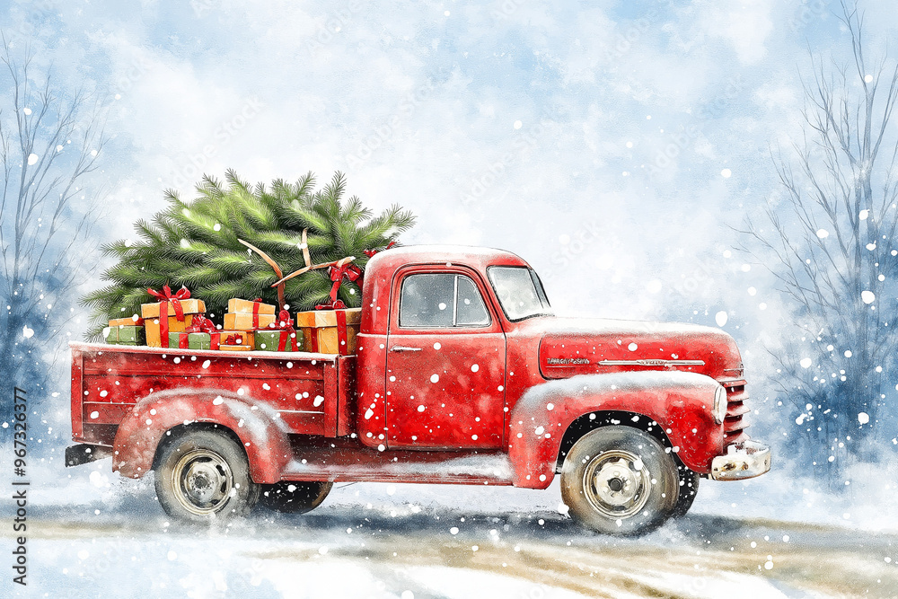 Red Pick Up Truck with Christmas Tree Red Pick Up Truck with Christmas Tree