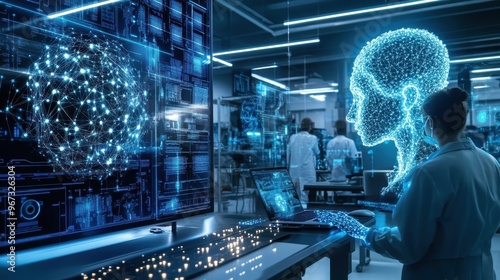 Futuristic Technology Lab with Artificial Intelligence and Data Visualization