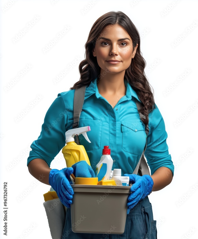 Beautiful brunette in a cleaning lady apron holding cleaning supplies. Young woman holding tools and cleaning products in a bucket, isolated on white background Beautiful brunette in a cleaning lady apron holding cleaning supplies. Young woman holding tools and cleaning products in a bucket, isolated on white background