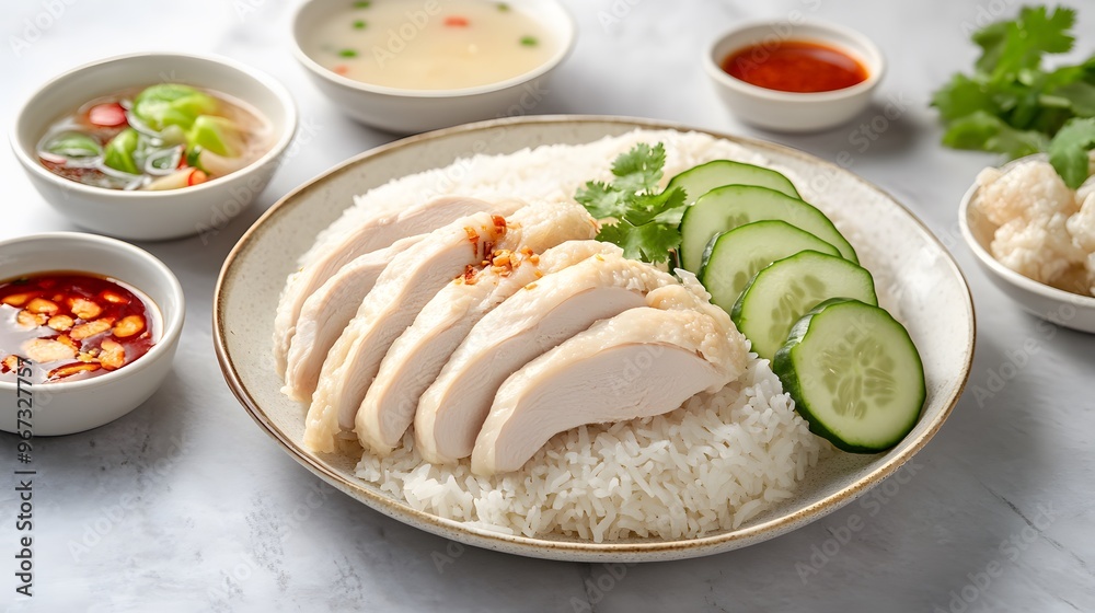 Detailed image of Hainanese chicken rice with tender chicken, aromatic rice, fresh cucumber slices, accompanied by clear soup and dipping sauces, natural light emphasizing the textures, fresh and Detailed image of Hainanese chicken rice with tender chicken, aromatic rice, fresh cucumber slices, accompanied by clear soup and dipping sauces, natural light emphasizing the textures, fresh and