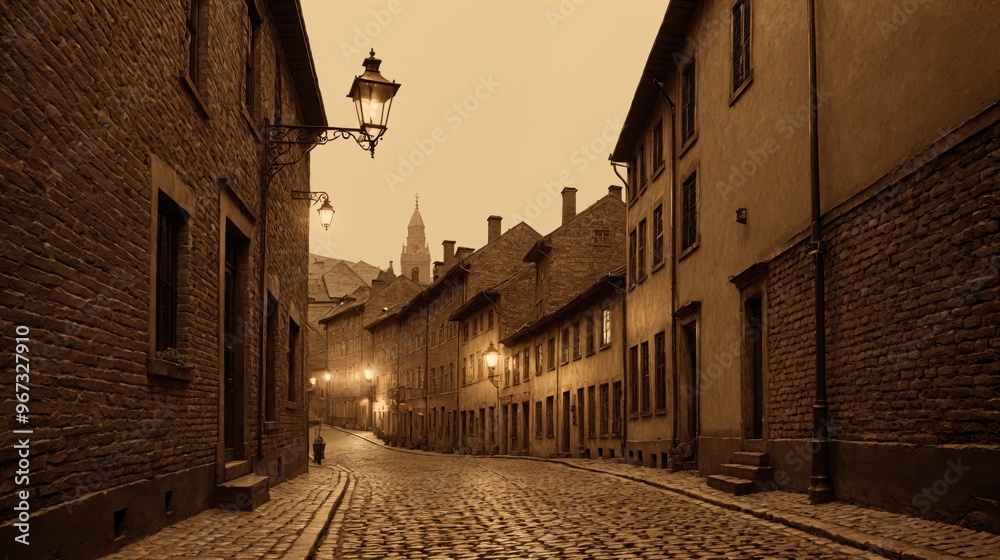 Naklejka premium Generative AI, Cobblestone street in an old town, illuminated by vintage street lamps, with warm sepia lighting creating a nostalgic, quiet atmosphere as the street stretches into the distance