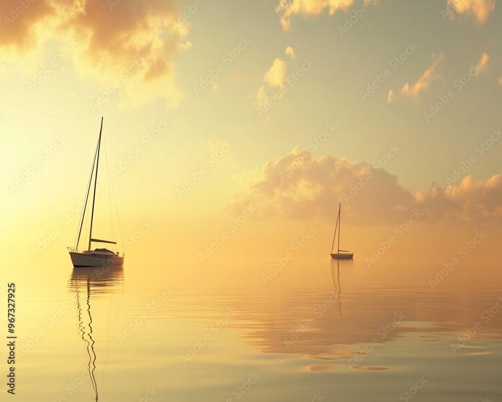 Calm Sea with Distant Sailboats in Soft Morning Light Calm Sea with Distant Sailboats in Soft Morning Light
