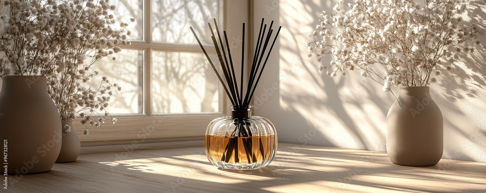 Fototapeta premium Elegant diffuser with reeds in a sunlit room, enhancing ambiance and introducing a soothing aroma to any space.