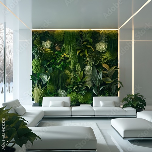 futuristic living room with vertical garden inside as a decorations,