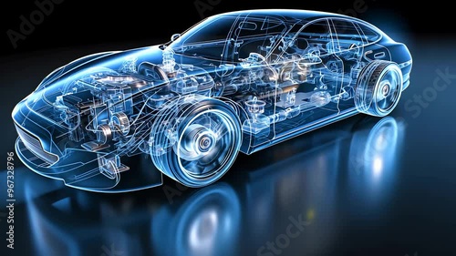 Blue x-ray hologram showing the internal structure of a car
