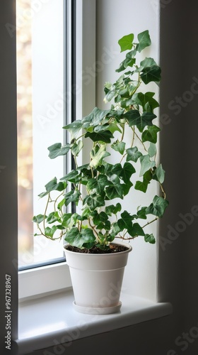 a potted English ivy plant by the window in minimalist style of indoor plants