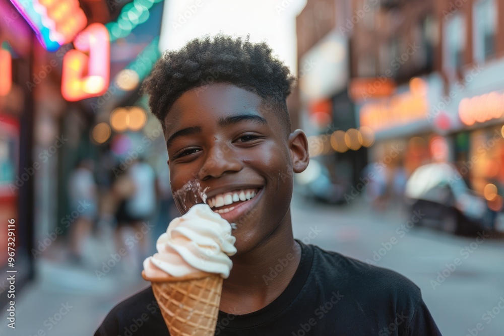 Bright summer day amplifies boy's joyful and radiant expression. Cheerful boy feels happiness he enjoys outdoor meal. A kid's love for ice cream is undeniable. Bright summer day amplifies boy's joyful and radiant expression. Cheerful boy feels happiness he enjoys outdoor meal. A kid's love for ice cream is undeniable.