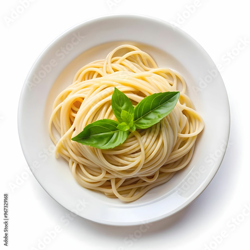 a plate of spaghetti with a green leaf on it on white background