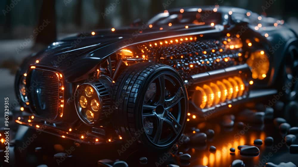 Powerful futuristic sports car with exposed retro engine glowing at night Powerful futuristic sports car with exposed retro engine glowing at night