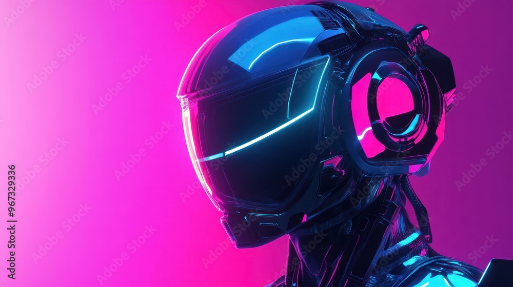 Futuristic Cyborg with Glowing Helmet in Neon Lights Futuristic Cyborg with Glowing Helmet in Neon Lights