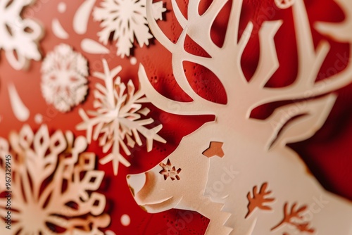 White paper cutouts of a reindeer and snowflakes on a red background, evoking the festive spirit of the holiday season with intricate detail and design. photo