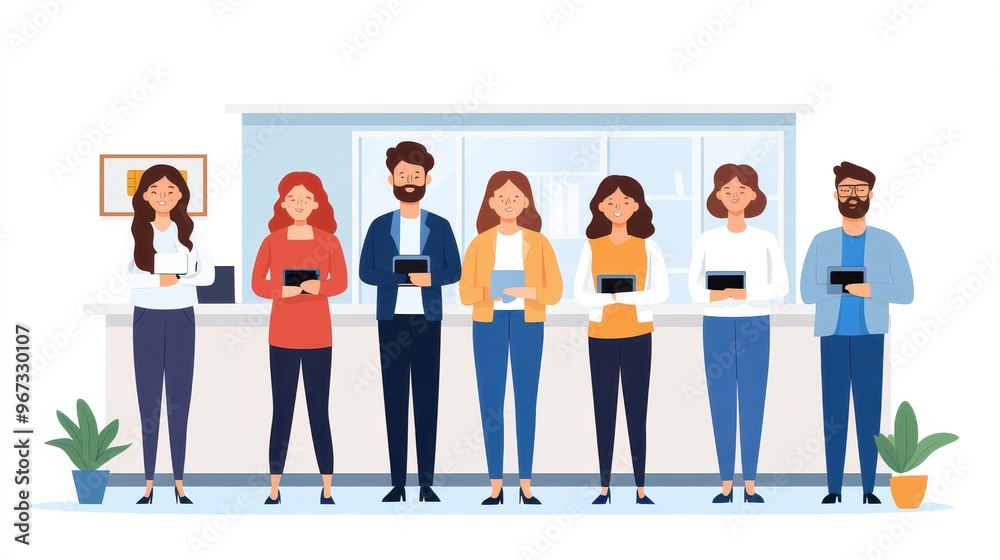 Diverse group of professionals standing together with digital devices, showcasing teamwork and collaboration in a modern office environment. Diverse group of professionals standing together with digital devices, showcasing teamwork and collaboration in a modern office environment.