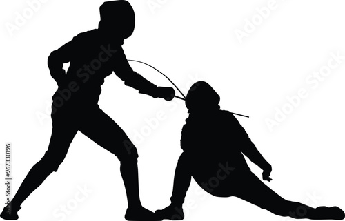 Fencer silhouette illustration. People pose full body while fencing.