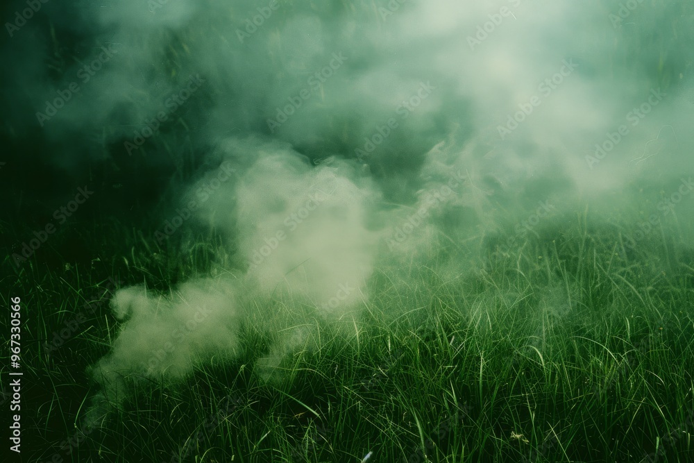 A dense cloud of smoke drifts over a green meadow, creating a surreal and otherworldly atmosphere in the fading light. A dense cloud of smoke drifts over a green meadow, creating a surreal and otherworldly atmosphere in the fading light.