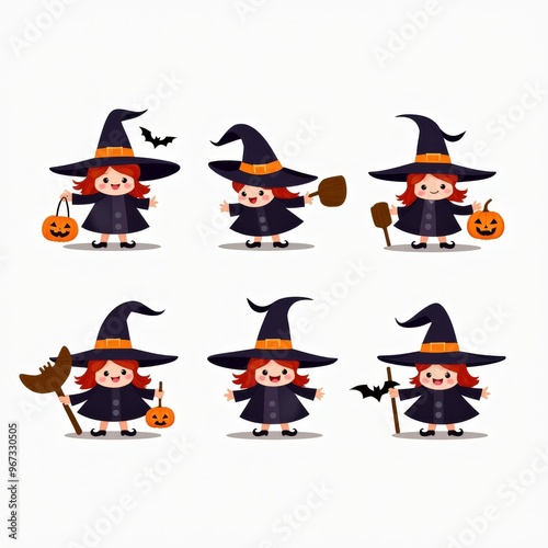 Cute Halloween Witch Kid Illustrations â€“ Cartoon Girl with Pumpkin and Broomsticks â€“ Halloween Party Decoration