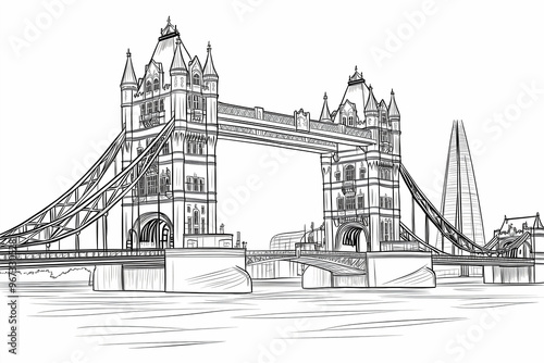 tower bridge and the Thames River in London vector doodle line art