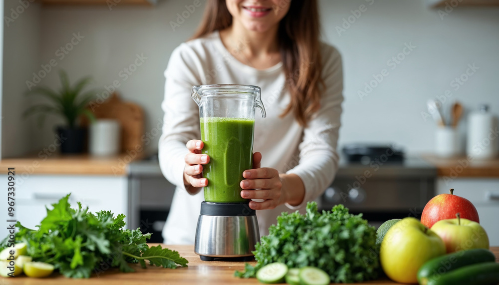 A young girl prepares a green detox cocktail, focusing on her hands with fresh vegetables and fruits in a bright, modern kitchen.
A young girl prepares a green detox cocktail, focusing on her hands with fresh vegetables and fruits in a bright, modern kitchen.