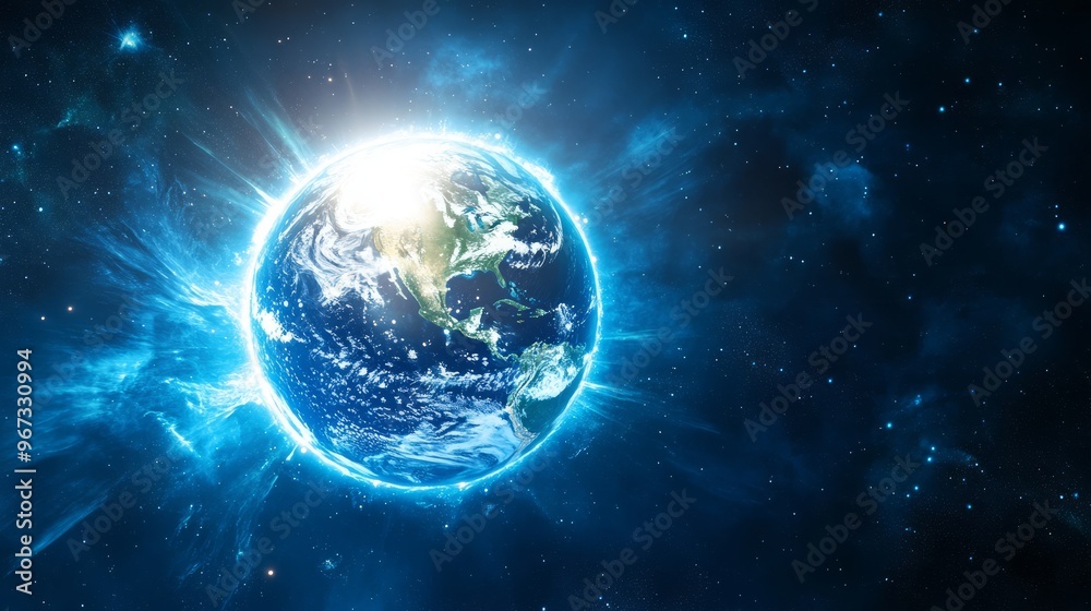 Naklejka premium Earth protected by a shield of light. The Earth encased in a glowing and protective shield made of light, with harmful elements being repelled away from the planet