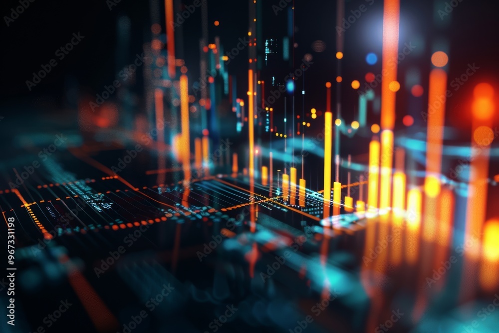 High-tech data visualization with glowing graphs and charts, representing analytics and the digital flow of information in a futuristic setting. High-tech data visualization with glowing graphs and charts, representing analytics and the digital flow of information in a futuristic setting.