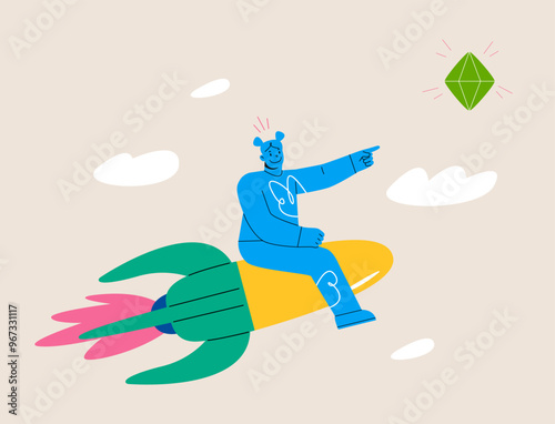 Female riding on rocket to stars meaning success. Achievement concept. Colorful vector illustration