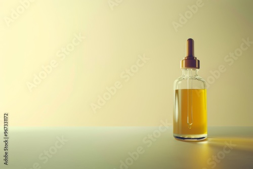 A glass bottle with a dropper filled with golden liquid stands against a gradient background, exuding a minimalist and modern aesthetic.