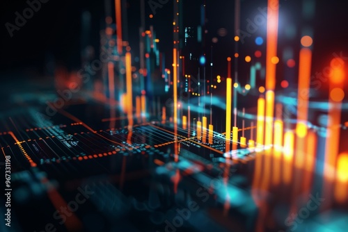 High-tech data visualization with glowing graphs and charts, representing analytics and the digital flow of information in a futuristic setting.