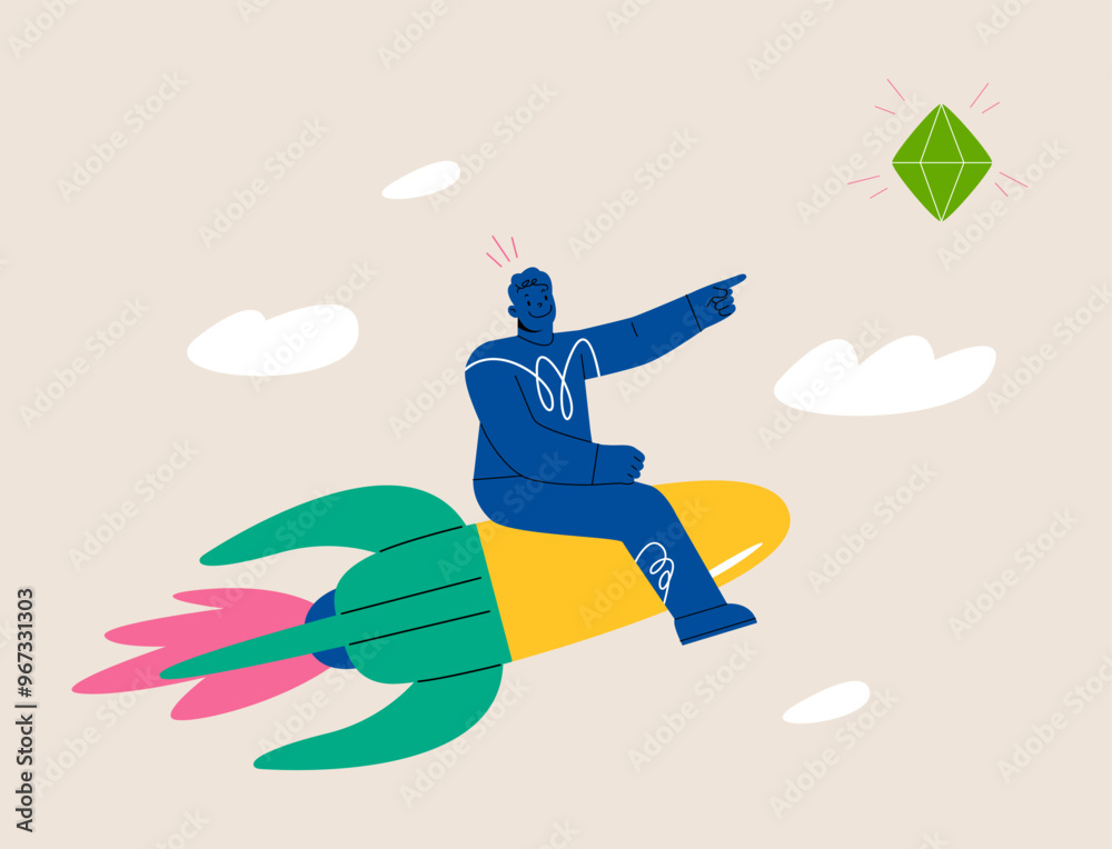 Fototapeta premium Men riding on rocket to stars meaning success. Achievement concept. Colorful vector illustration