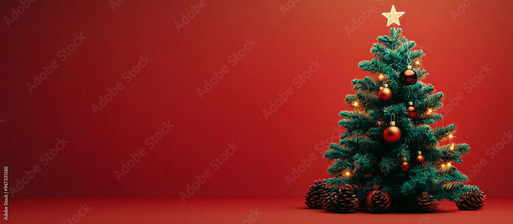 Decorated Christmas tree with lights and pinecones on red background Decorated Christmas tree with lights and pinecones on red background