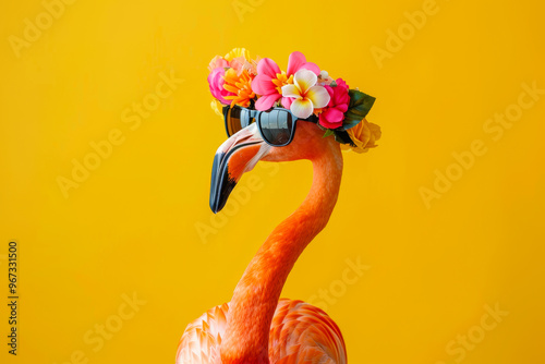 Flamingo with sunglasses and flower crown on yellow photo