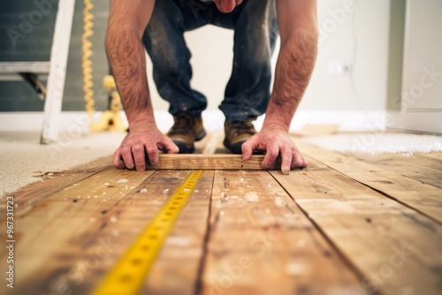 A meticulous craftsman measuring and fitting wooden planks, showcasing dedication and skill in woodworking.