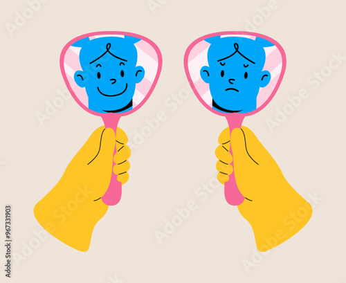 Hands holding a mirror showing two facial expressions. Bipolar affective disorder concept. Colorful vector illustration