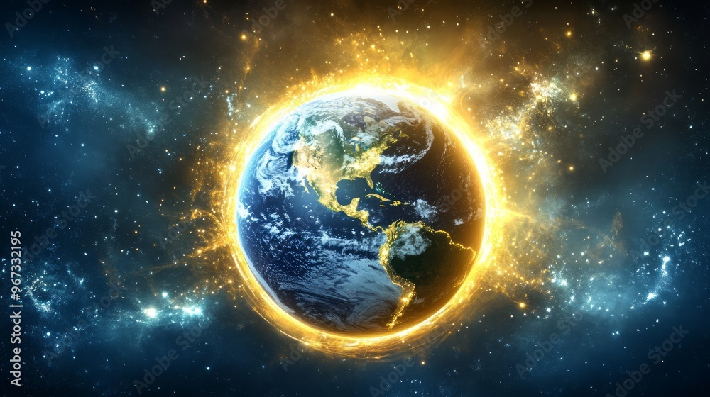 Obraz premium Earth protected by a shield of light. The Earth encased in a glowing and protective shield made of light, with harmful elements being repelled away from the planet