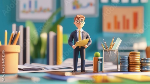 Obraz na płótnie A miniature businessman stands confidently in an office filled with charts, notebooks, and financial tools, symbolizing success. w salonie