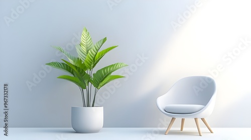 Relaxing chair with plant, monochrome minimal theme, 3D render