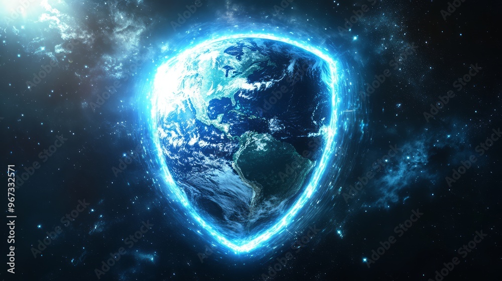 Fototapeta premium Earth protected by a shield of light. The Earth encased in a glowing and protective shield made of light, with harmful elements being repelled away from the planet
