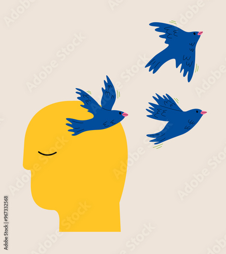 Mental health concept. Birds fly from the head. Colorful vector illustration