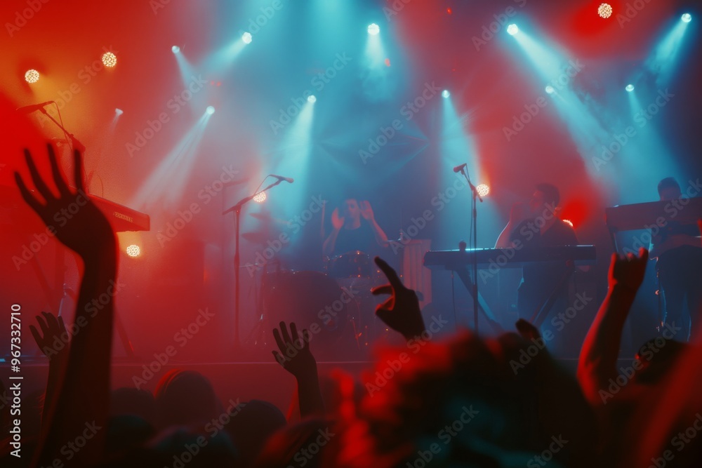 A vibrant concert scene with colorful lights illuminating musicians on stage and a lively crowd raising their hands in excitement. A vibrant concert scene with colorful lights illuminating musicians on stage and a lively crowd raising their hands in excitement.
