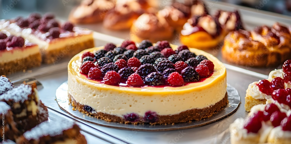 Close-up of a Delicious Cheesecake Topped with Fresh Berries Close-up of a Delicious Cheesecake Topped with Fresh Berries